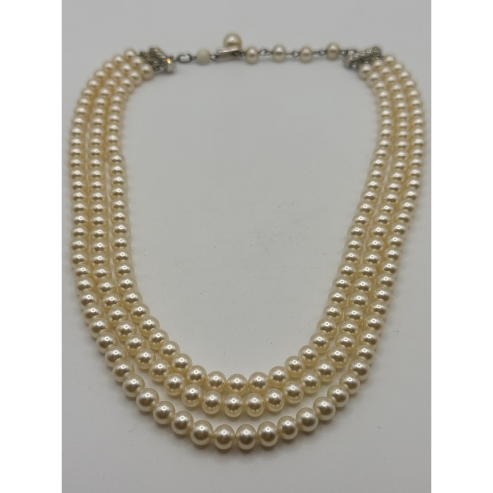 Vintage Pearl Necklace Triple Strand Glass Hook Clasp Coquette 15"